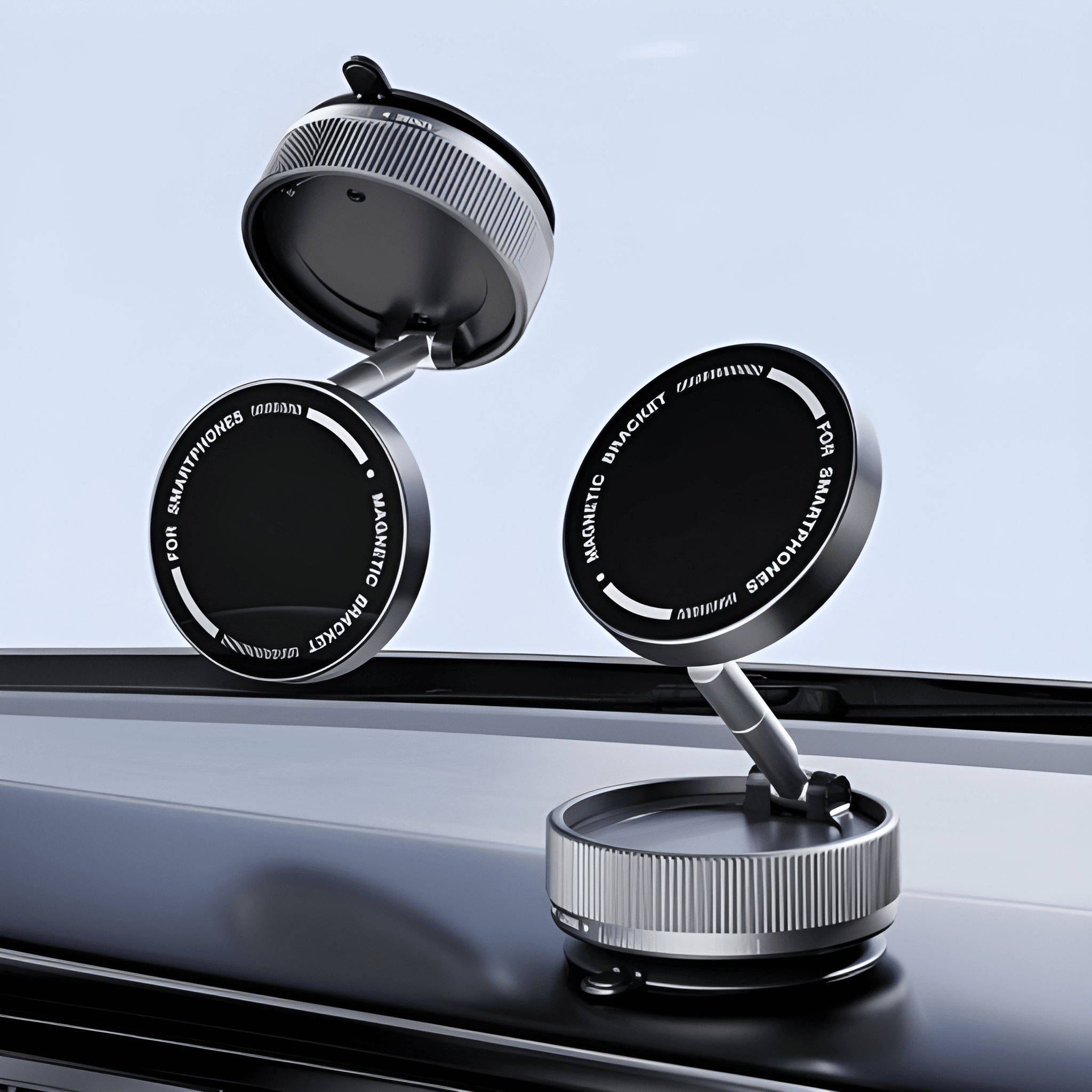 Two black and silver car mount devices on a car dashboard with a clear sky background.