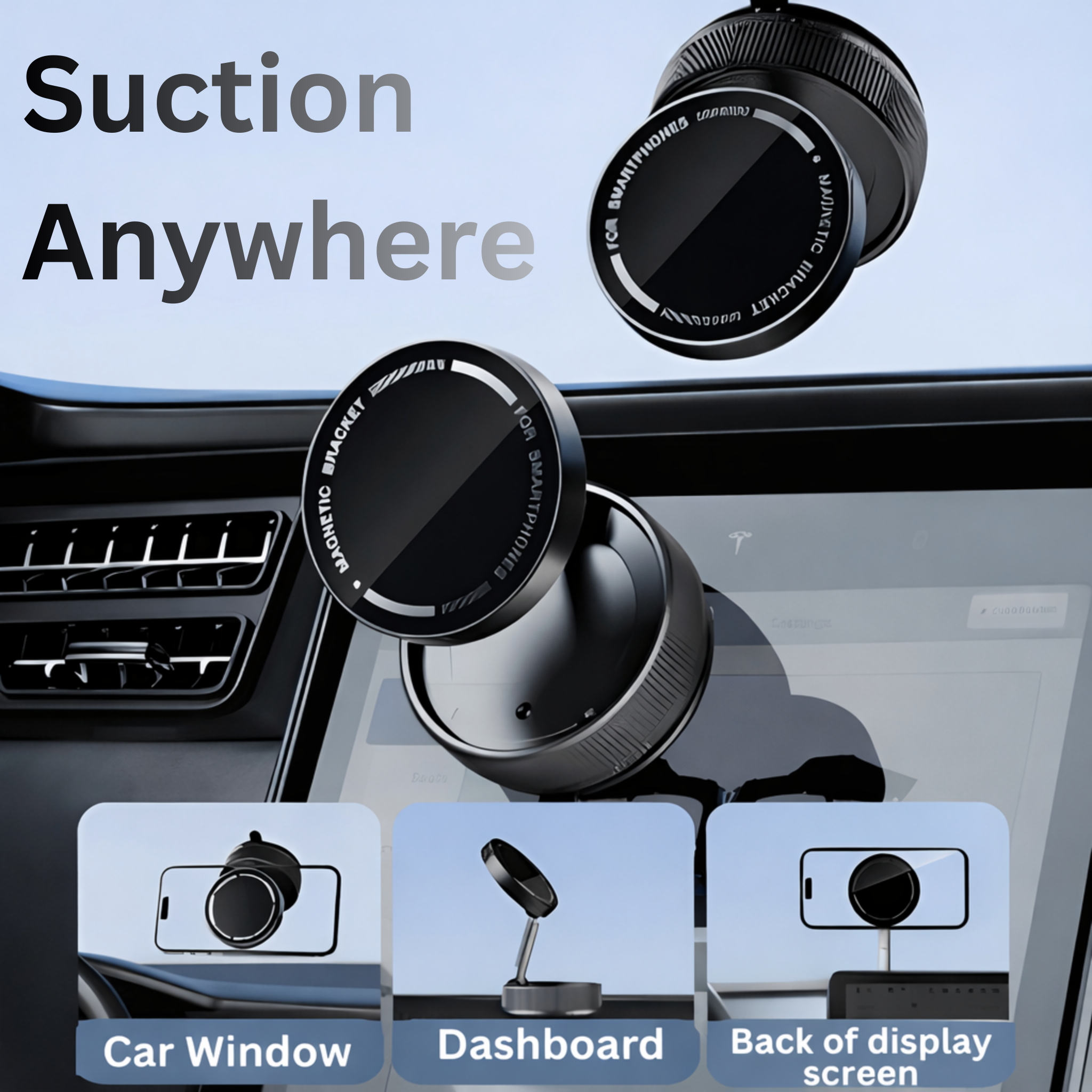 Car mount holder with text on car window and dashboard
