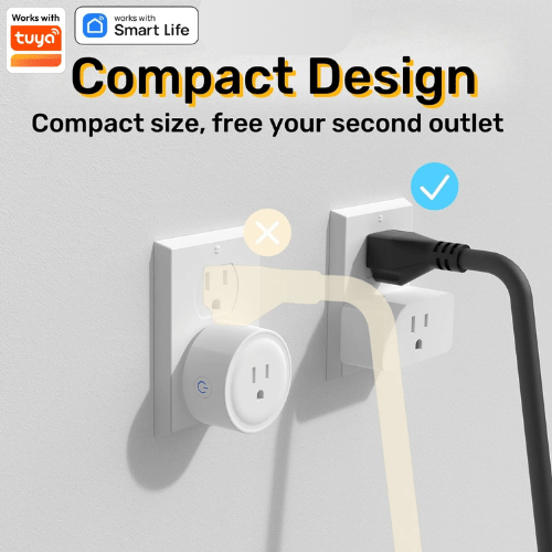 Compact wall plug with Tuya and Matter logos, showing a free second outlet.
