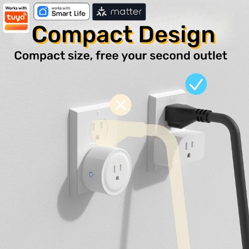 Compact wall plug with Tuya and Matter logos, showing a free second outlet.