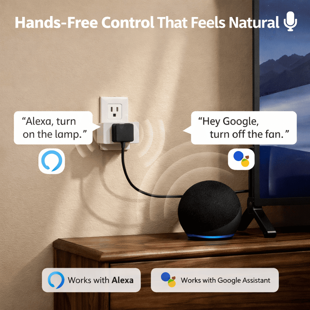 Matter device setup process with Amazon Echo on a wall outlet.