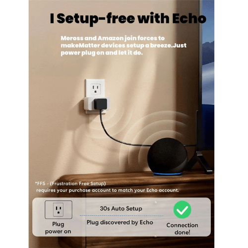 Matter device setup process with Amazon Echo on a wall outlet.