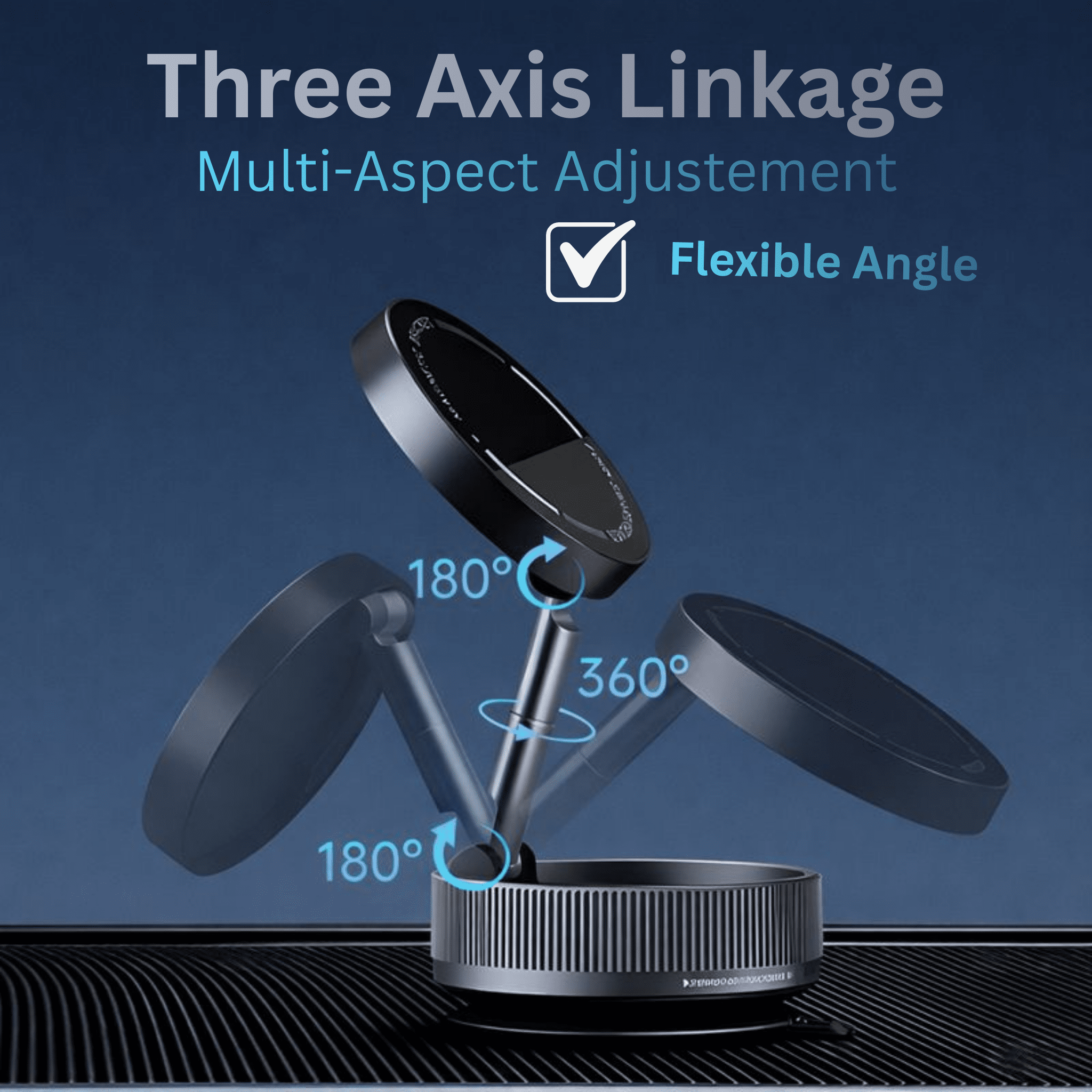 Multi-angle adjustable stand with three-axis linkage on a dark background