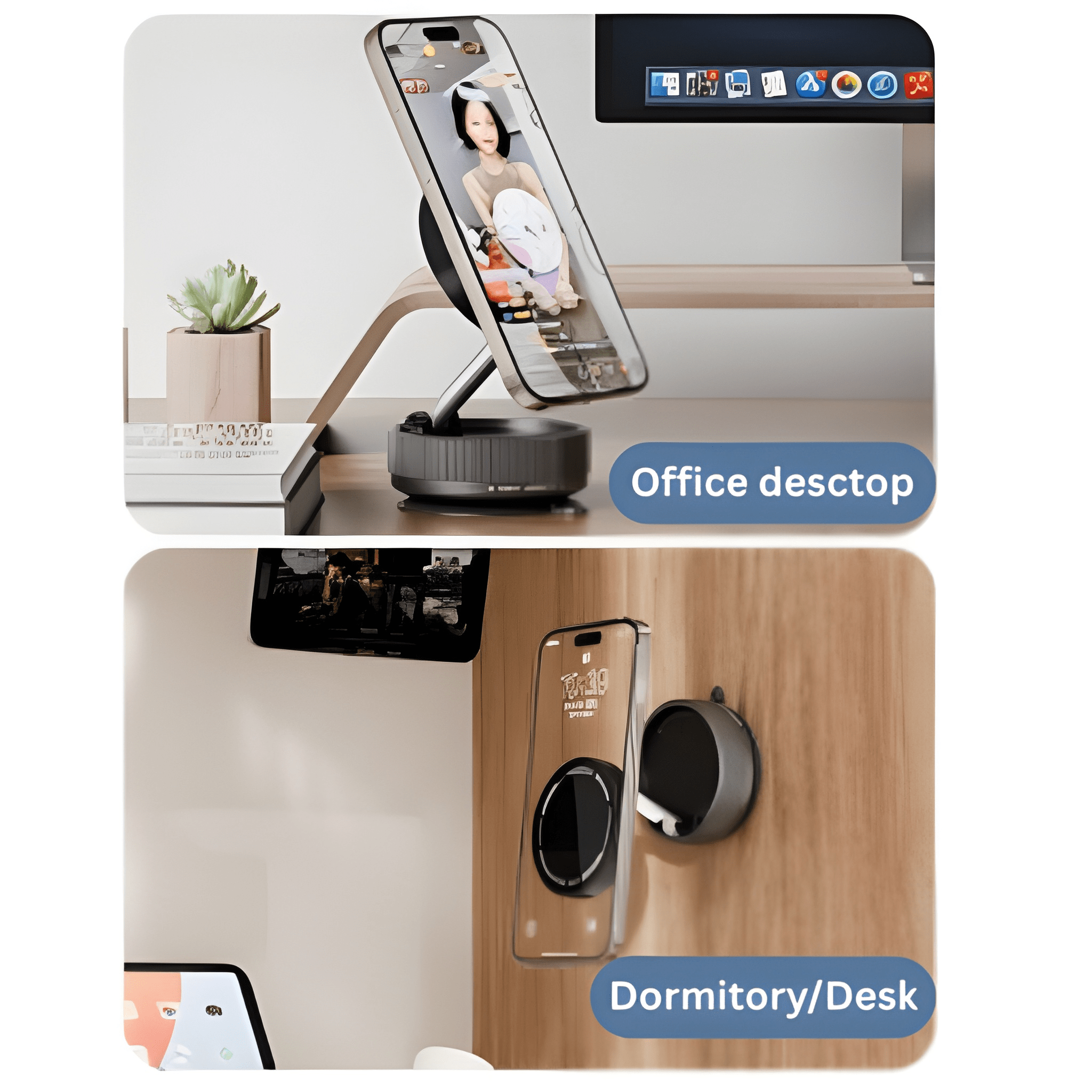 Phone holder attached to a wooden surface and a metallic surface with 'Dormitory Desk' and 'Toilet' labels.