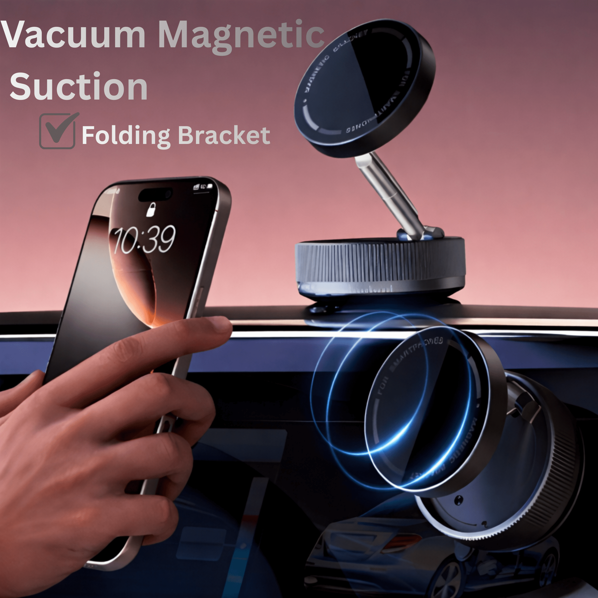 Vacuum magnetic suction folding bracket with phone holder on a car dashboard.