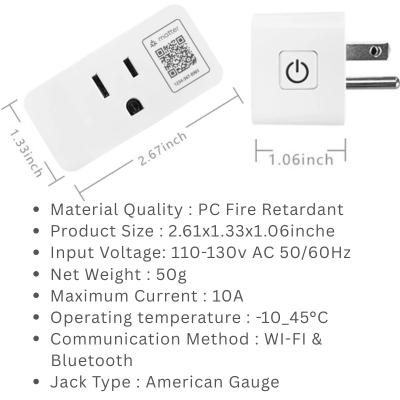 Smart plug with technical specifications listed on a white background