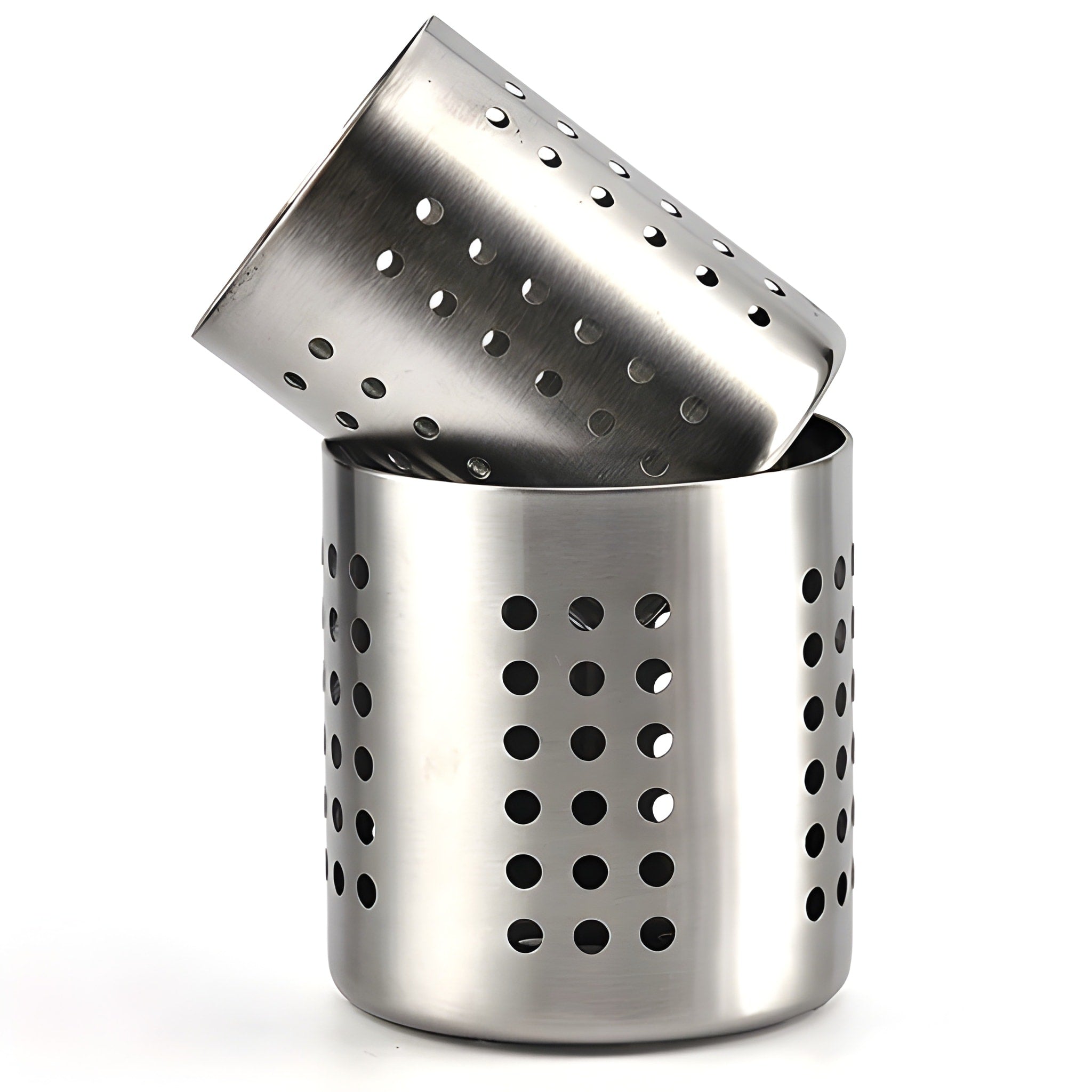 Stainless steel kitchen steamer basket with perforated design on a white background