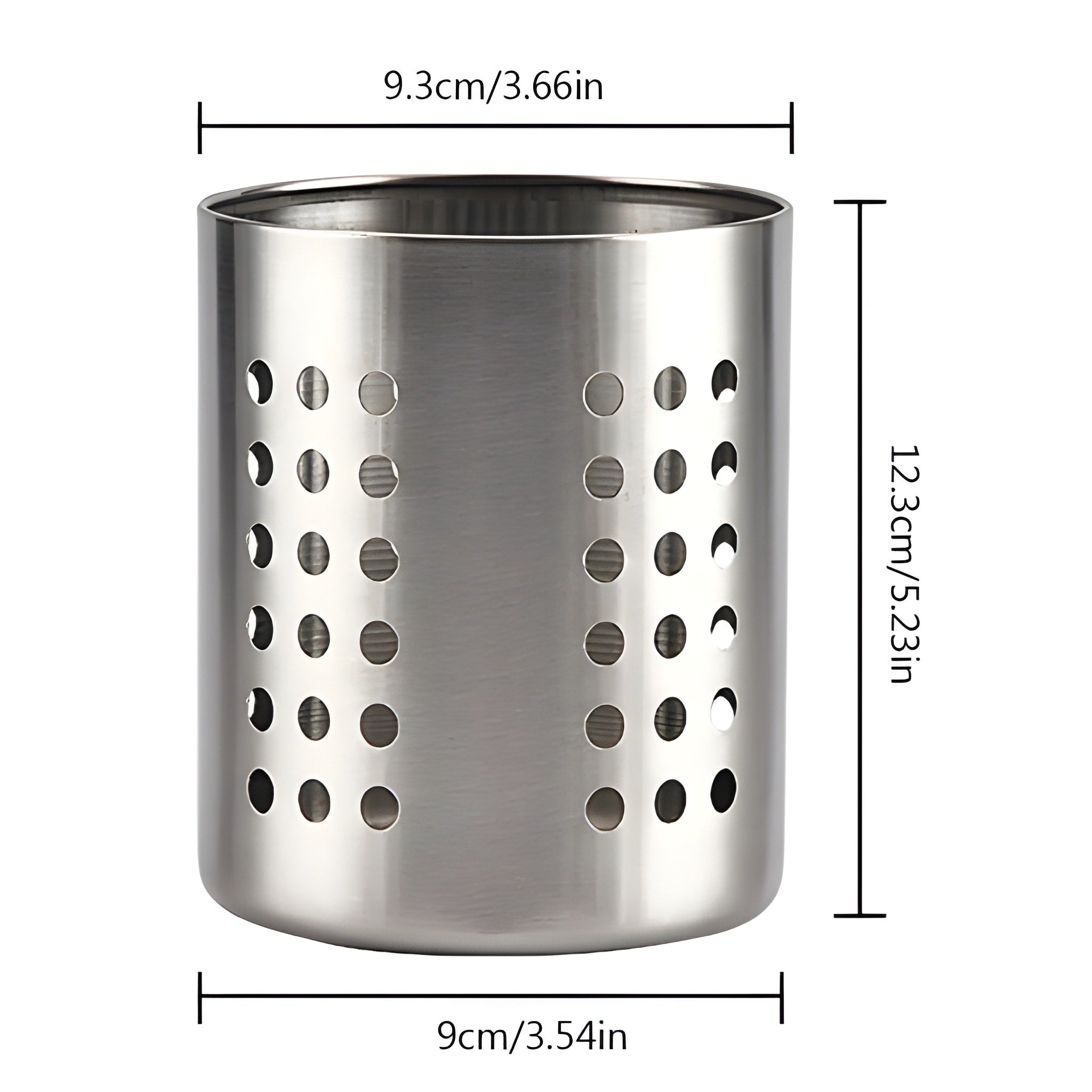 Stainless steel pen holder with dimensions on a white background