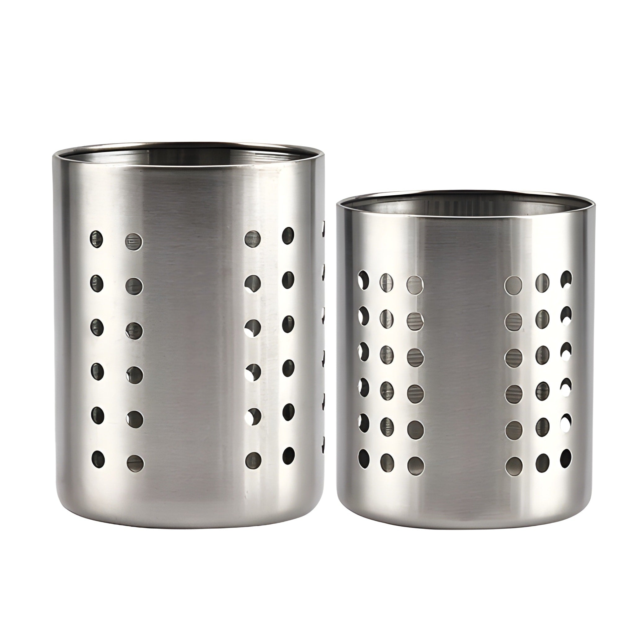 Two stainless steel holders with perforated designs on a white background