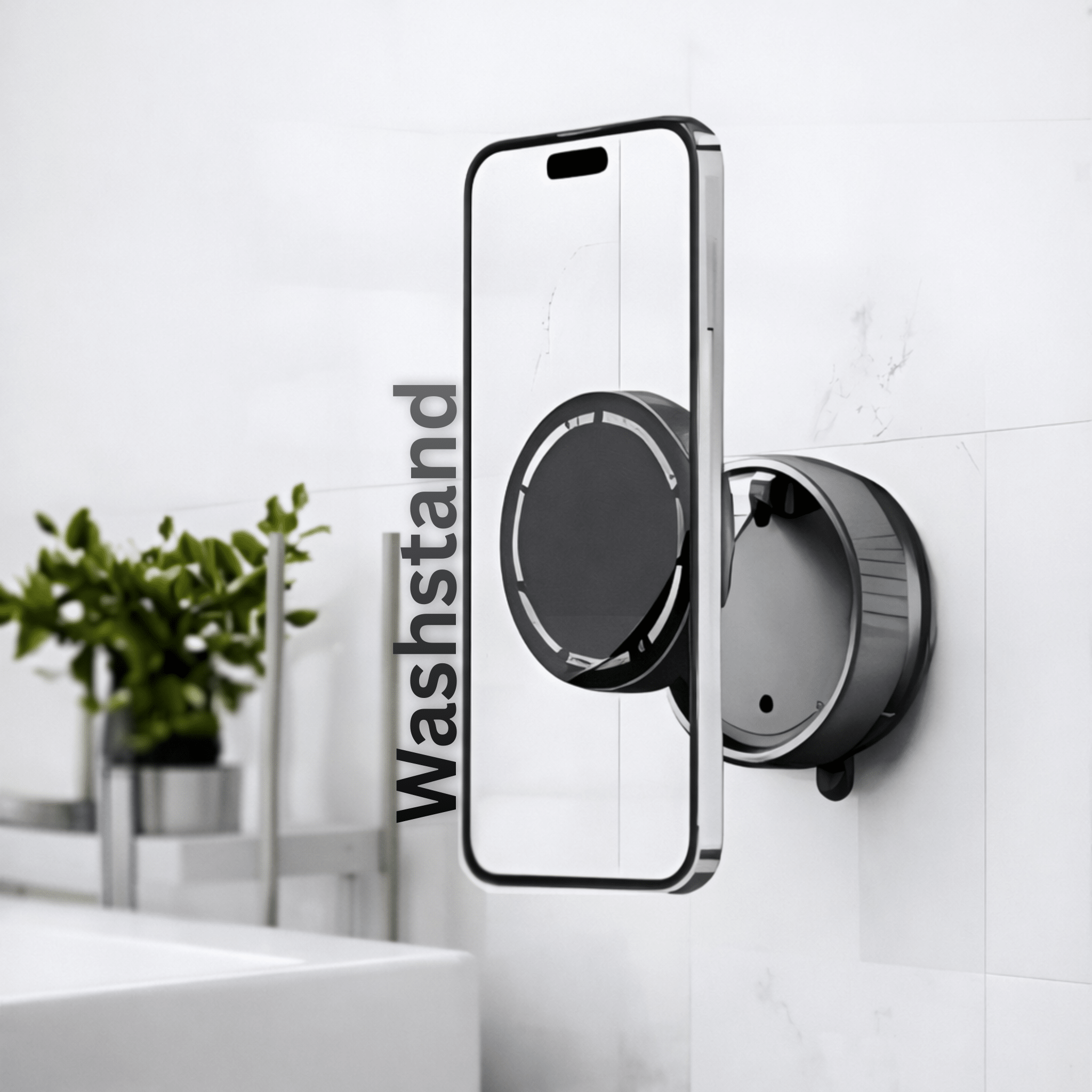 Phone with a magnetic phone holder attached to a wall, brand 'Washstand' visible