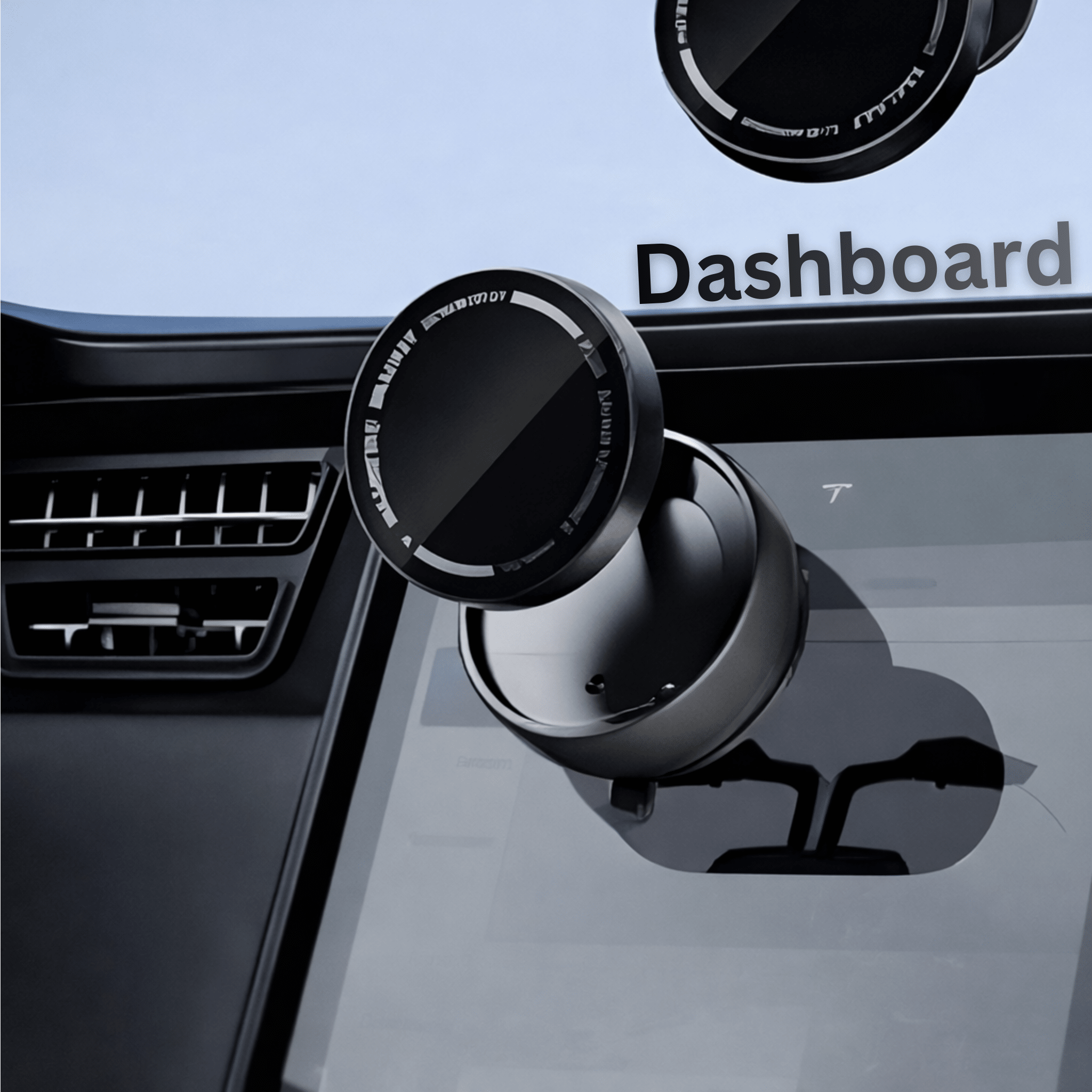 Black car phone mount on a car dashboard with 'Dashboard' text in the background