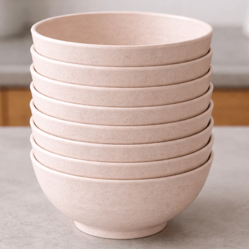 Stack of Nordic beige straw bowls on a neutral background