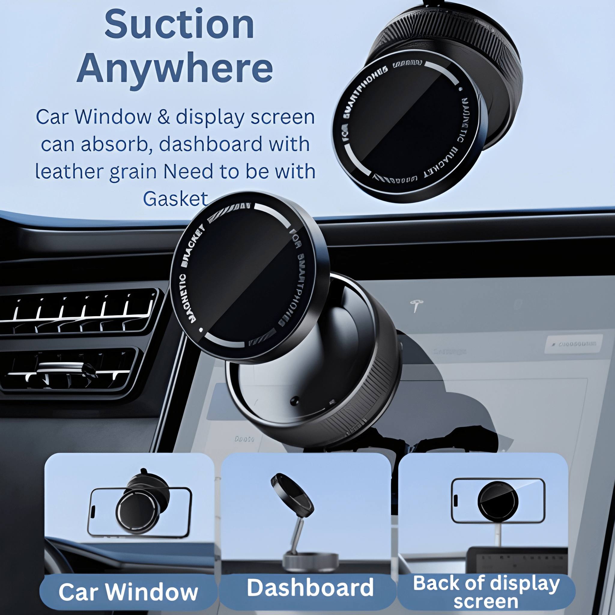 Car mount holder with text on car window and dashboard