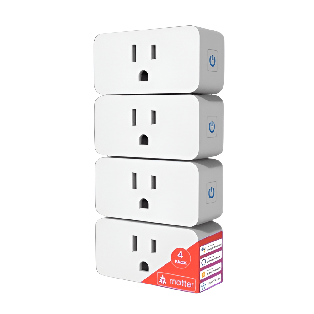 Four smart plugs stacked on a white background with a Matter logo below.