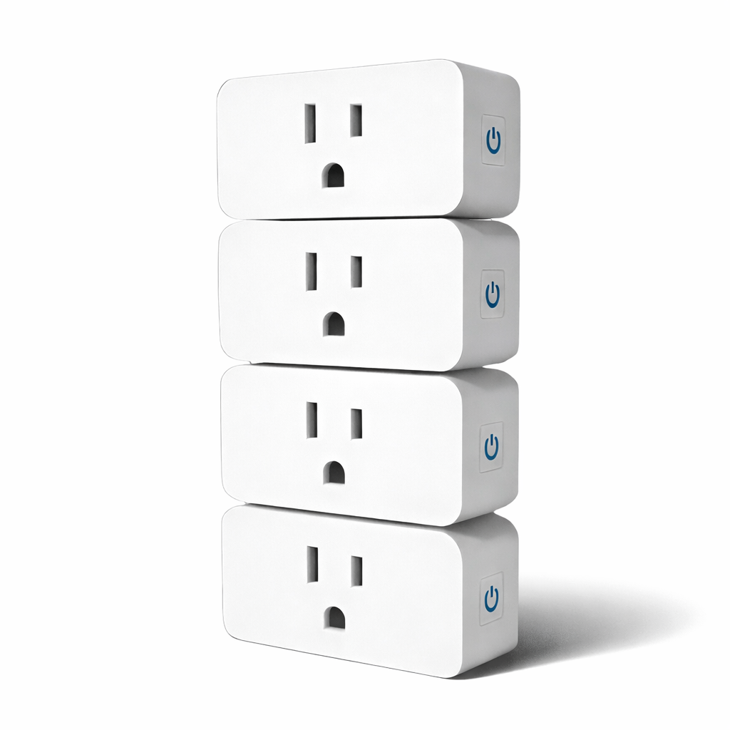 Four smart plugs stacked on a white background with a Matter logo below.