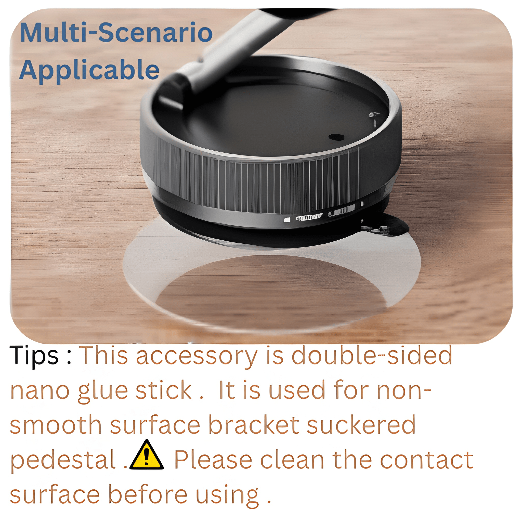 Phone stand with smartphone on a desk, computer monitor in the background, and text about multi-scenario use.