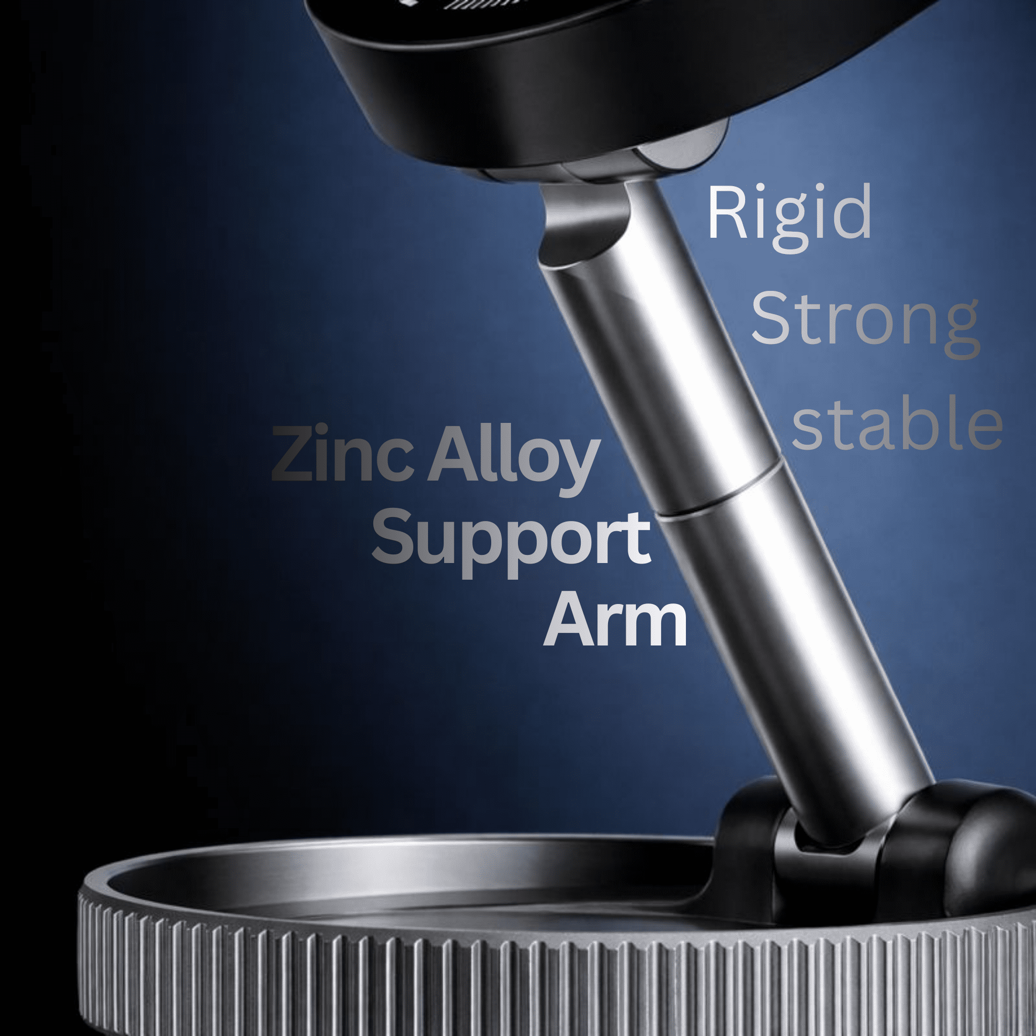 Zinc alloy support arm with text on a blue background