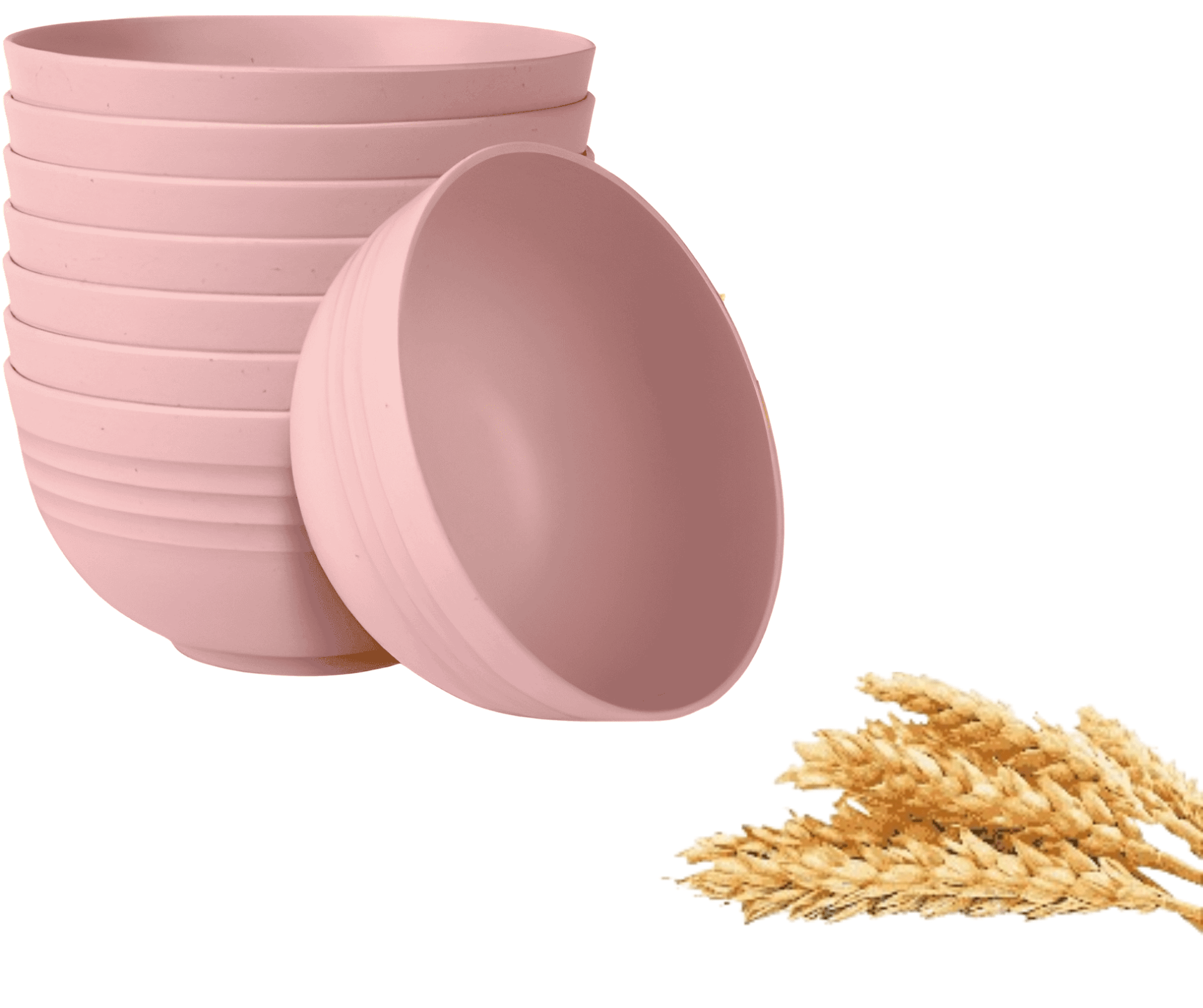 Set of pink wheat straw cereal  bowls with a small bundle of wheat on a white background