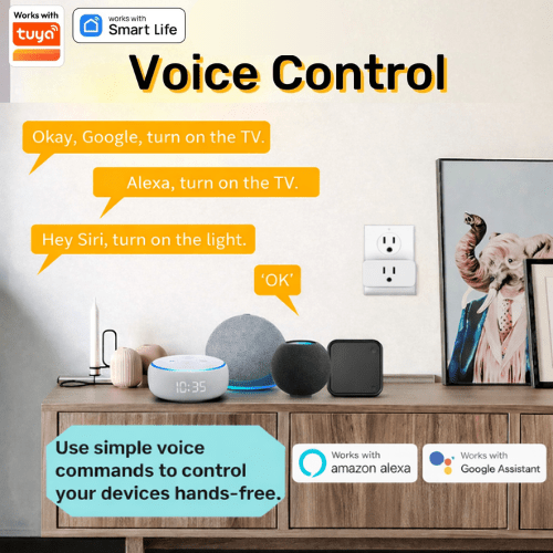 Smart home devices with voice control features on a wooden console table.