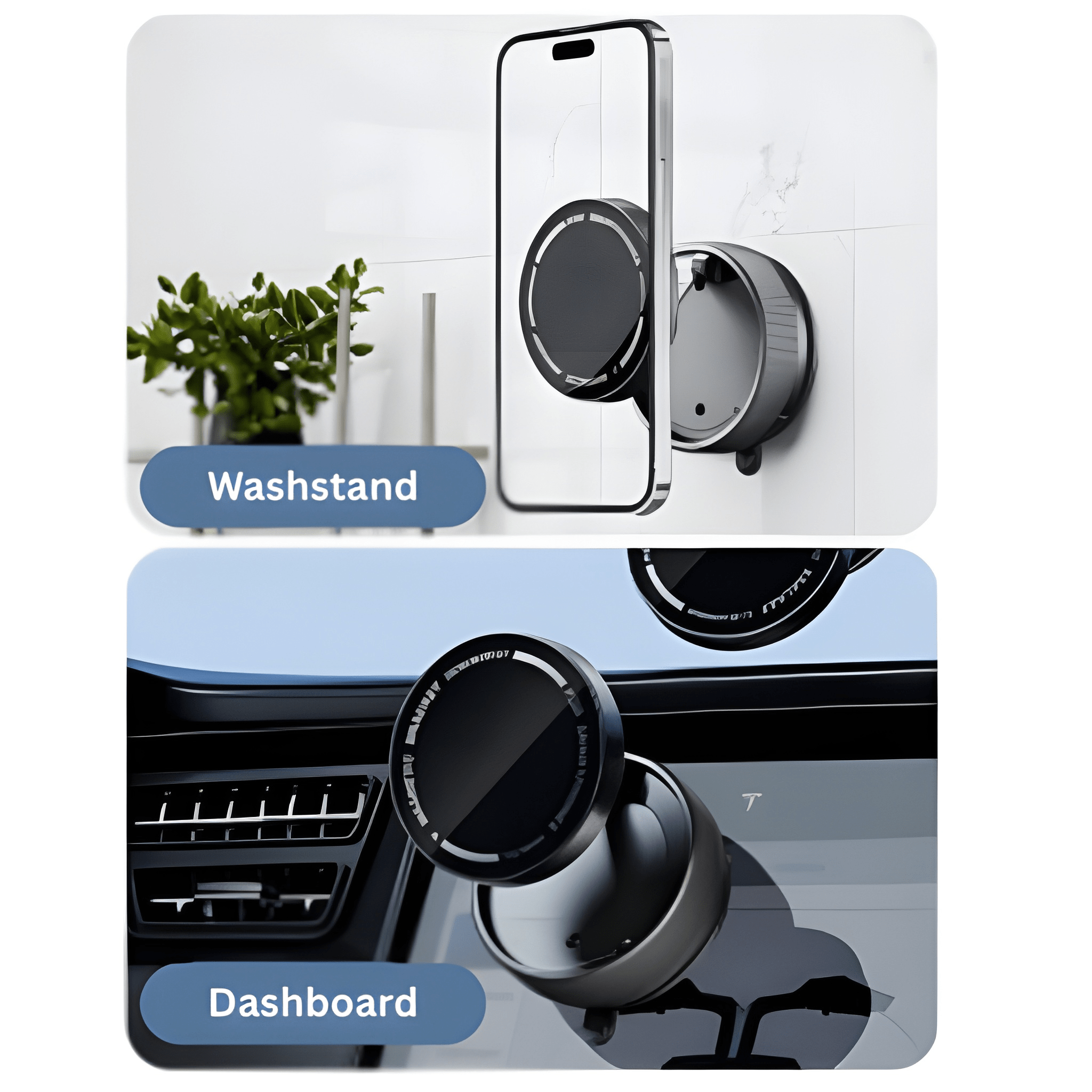 Smart phone holder attached to a wall with Washstand branding on a marble background