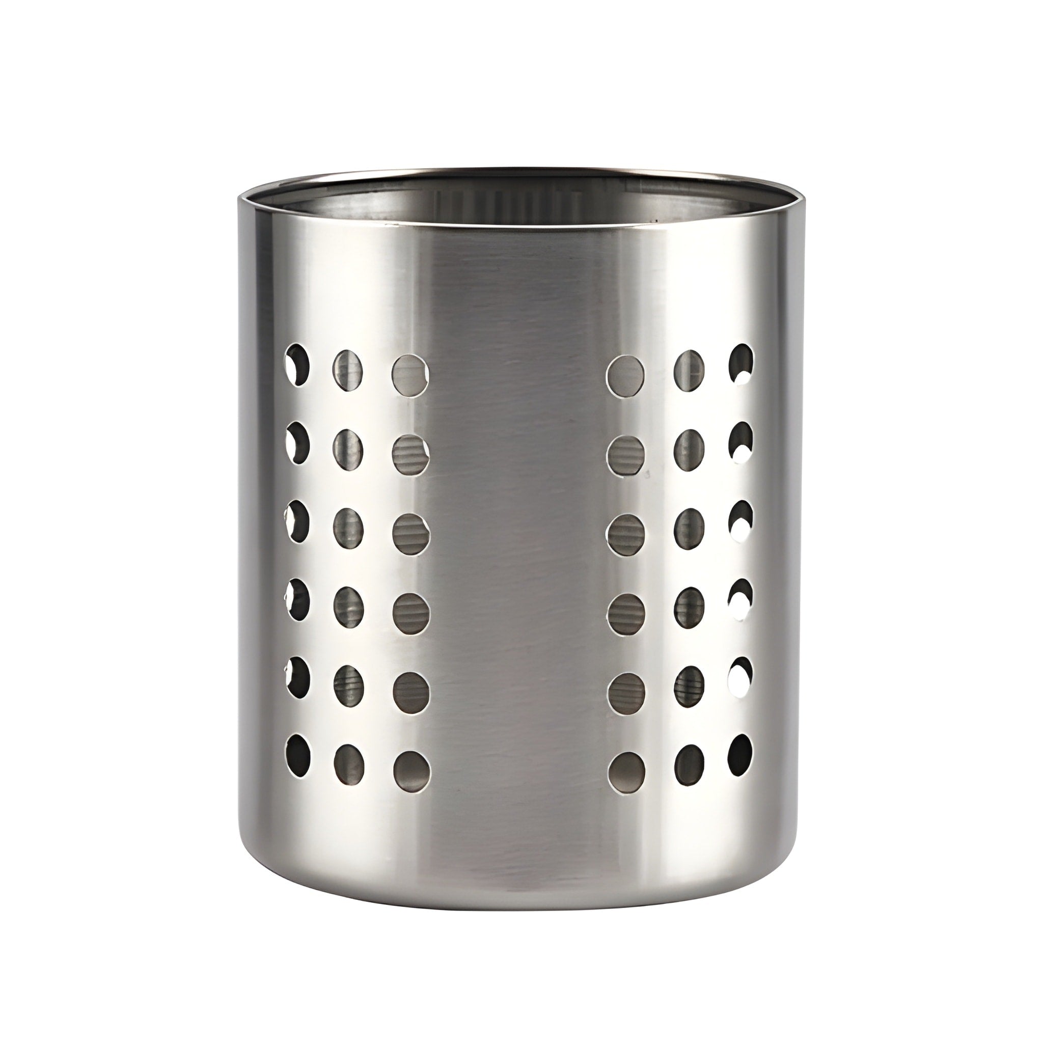 Stainless steel pen holder with perforated design on a white background