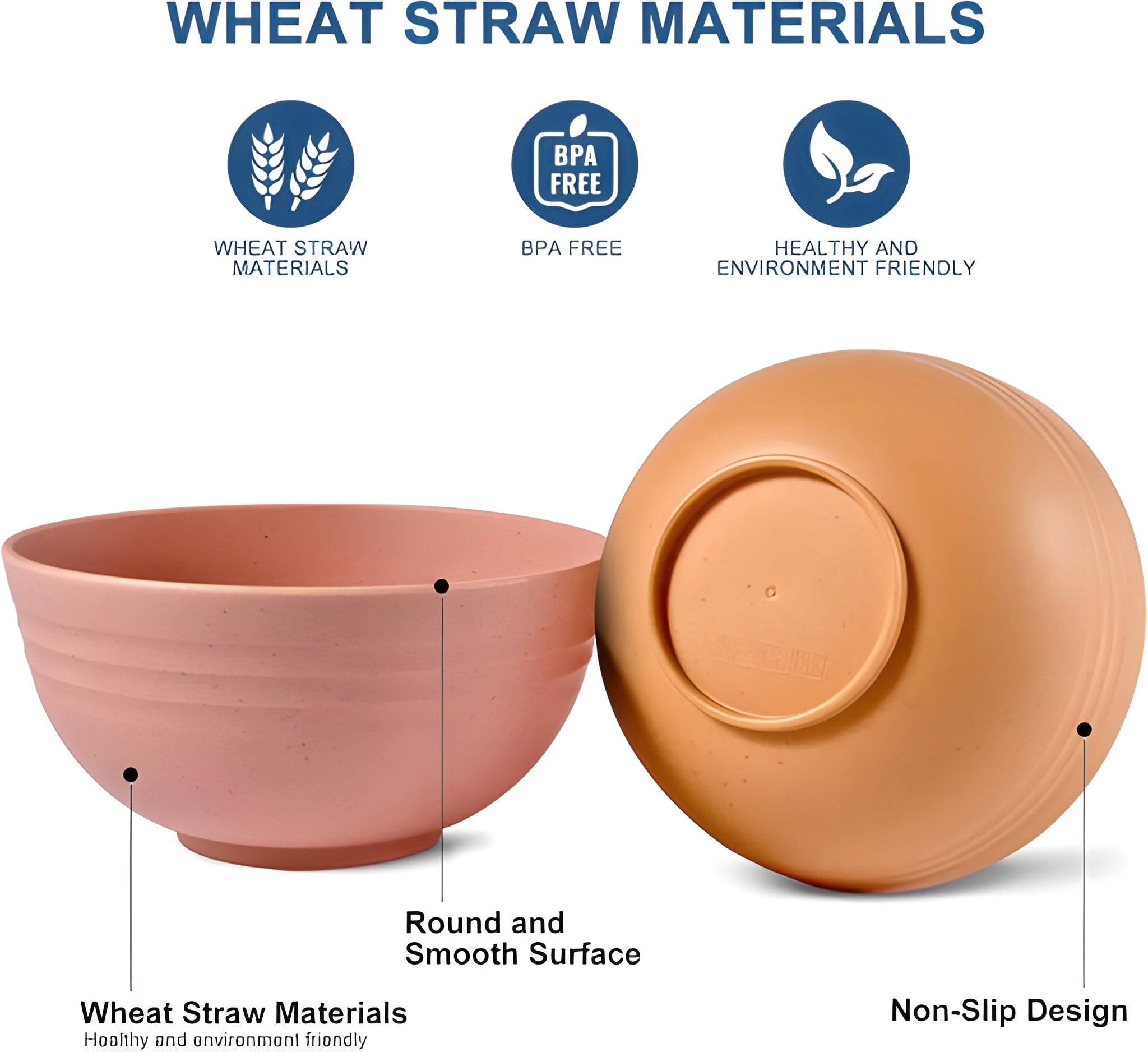 Wheat straw material bowls with features highlighted on a white background