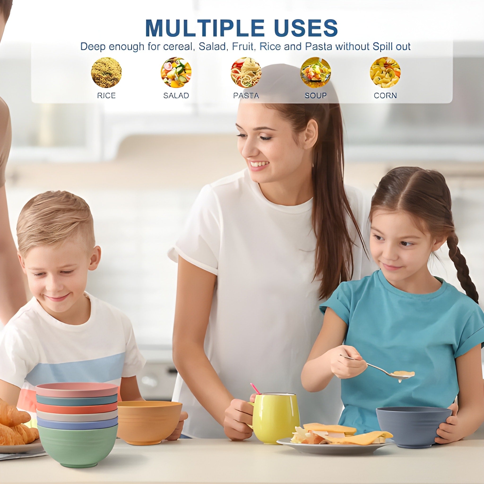 Woman and two children eating at a table with various bowls and utensils, emphasizing multiple uses.