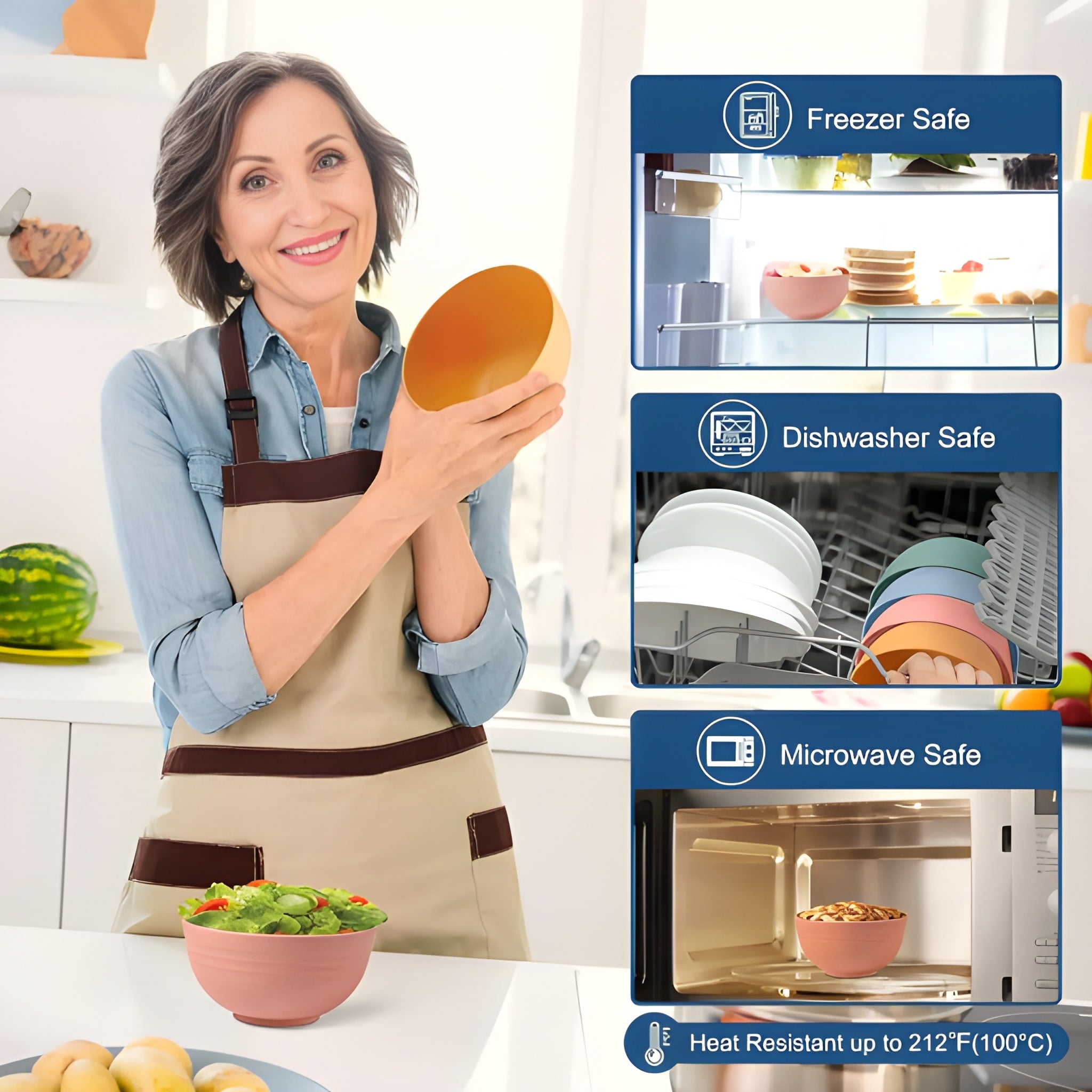 Woman in a kitchen holding a bowl with images of a freezer, dishwasher, and microwave showing product safety features.