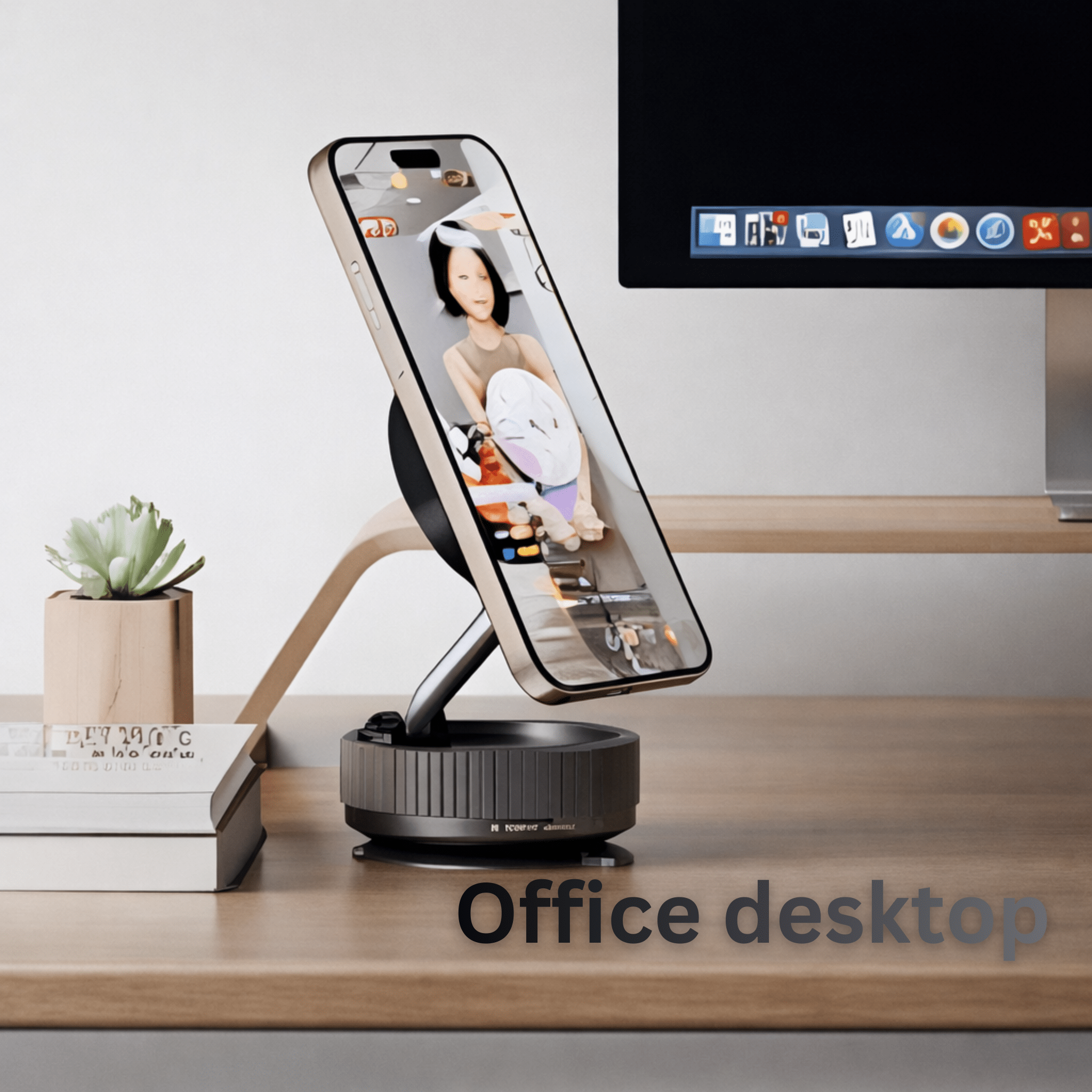 Smartphone on a stand with a computer monitor in the background on an office desk.